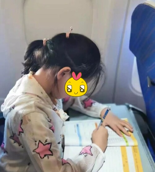 Hình ảnh em bé chăm chỉ học tập trên máy bay