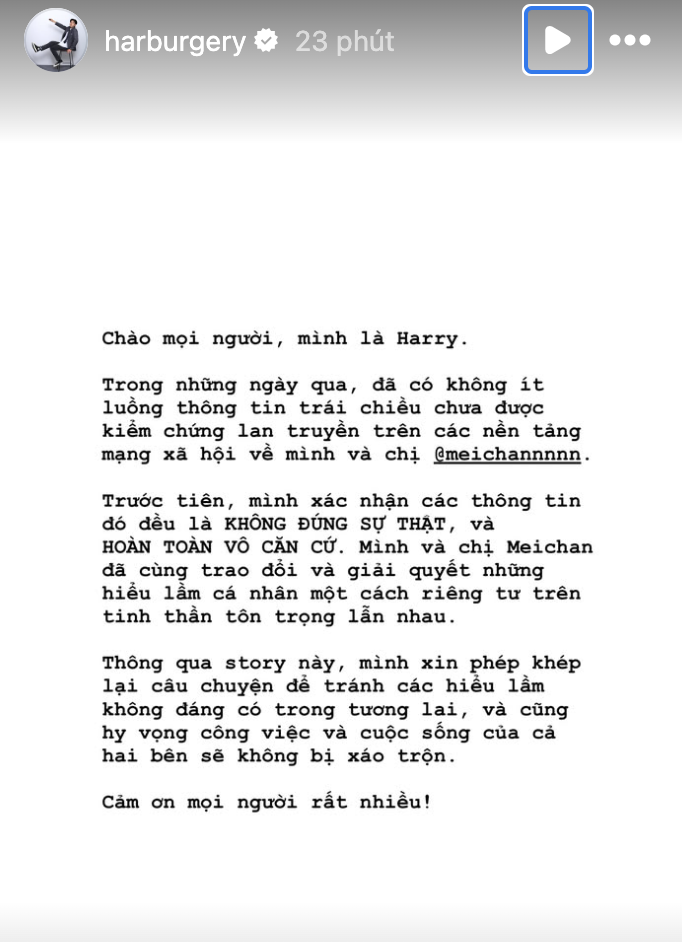 Harry lên tiếng giữa ồn ào với Meichan sau khi bị đồn thổi - Ảnh 1.
