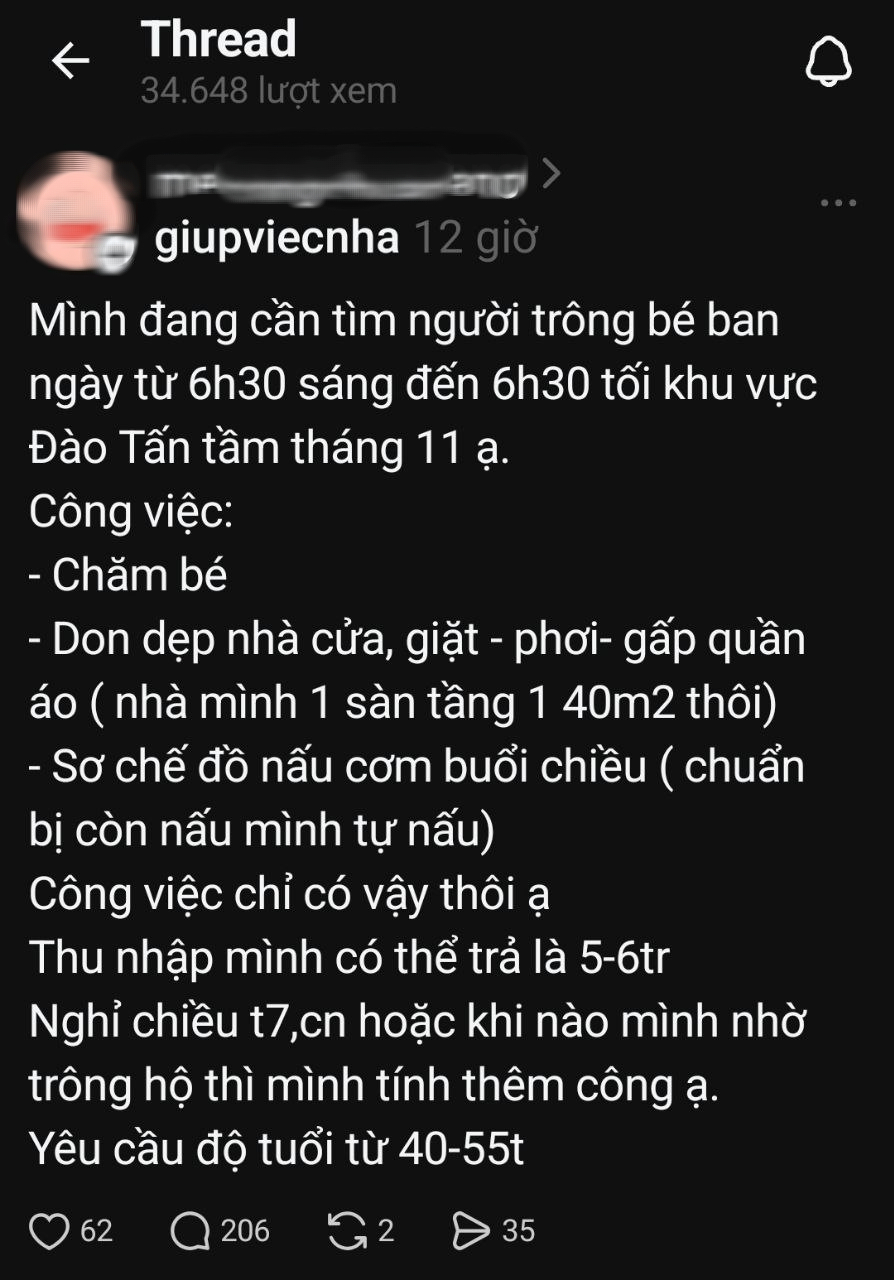 Cuộc tranh luận sôi nổi: Một bà mẹ tại Hà Nội tìm người giúp việc 12 tiếng/ngày với mức lương 5-6 triệu - Ảnh 1.