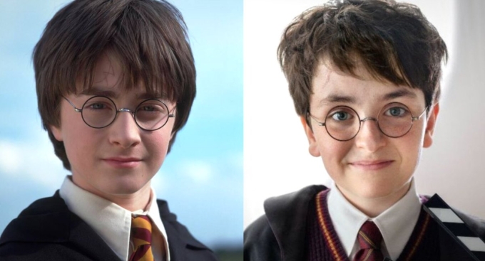 Tạo hình của Daniel Radcliffe khi đóng phim Harry Potter năm 11 tuổi và diễn viên nhí Dominic McLaughlin.