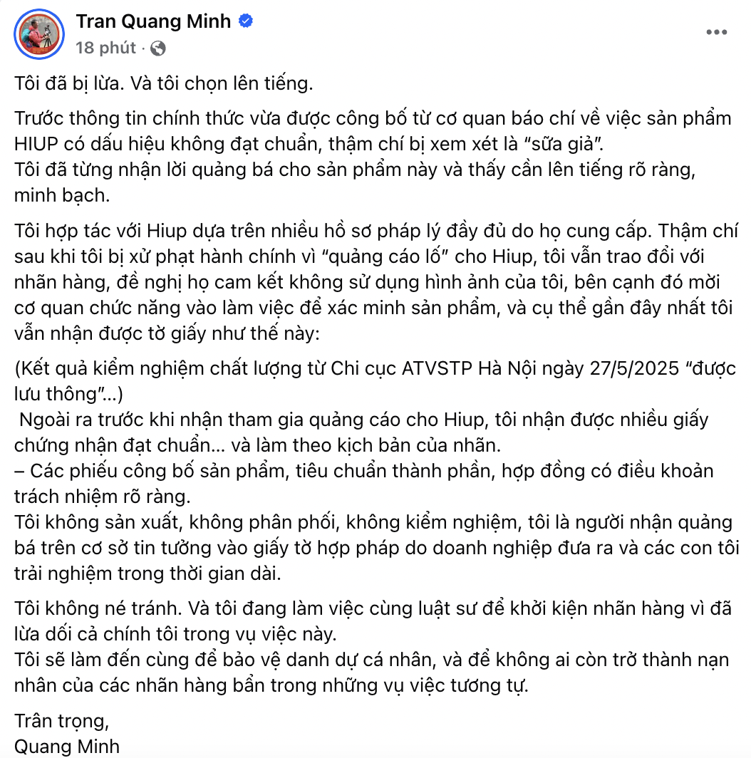 Lãnh đạo công ty sản xuất sữa giả bị khởi tố, BTV Quang Minh và Vân Hugo đồng loạt lên tiếng: Tôi đã bị lừa!- Ảnh 2.