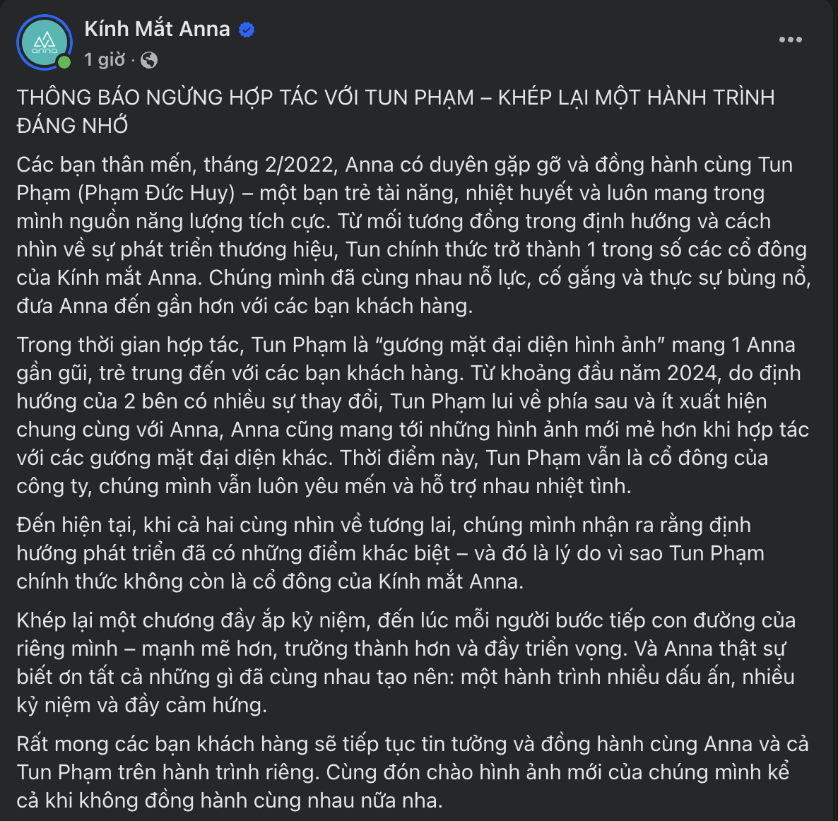 Kính mắt Anna và Tun Phạm dừng hợp tác: