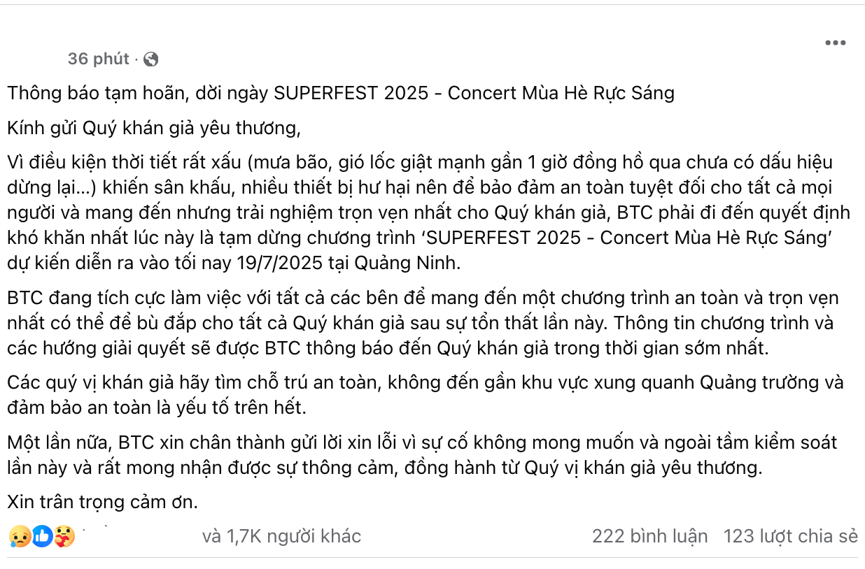 Toàn bộ thông báo tạm hoãn sự kiện âm nhạc được BTC xác nhận trên trang fanpage chính thức
