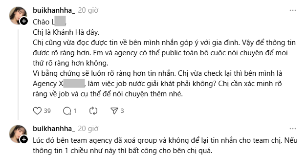 Khánh Hà phản hồi